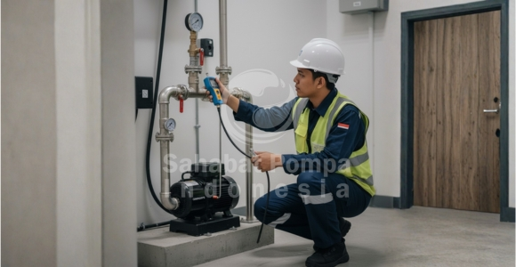 Teknisi memeriksa tekanan air pada sistem pompa SCALA