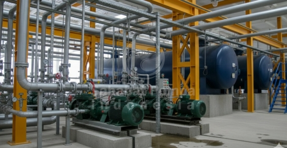 Pompa sentrifugal industri pada sistem perpipaan pabrik untuk aplikasi air dan tekanan tinggi.