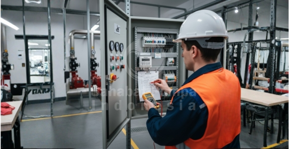 Teknisi memeriksa panel kontrol pompa otomatis